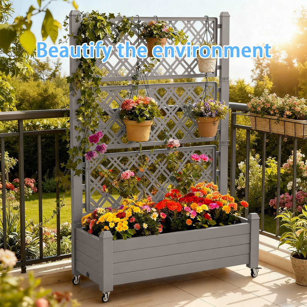 Planter Box with Trellis & Wheels, Large Raised Garden Bed, Outdoor Plastic Planter for Climbing Plants