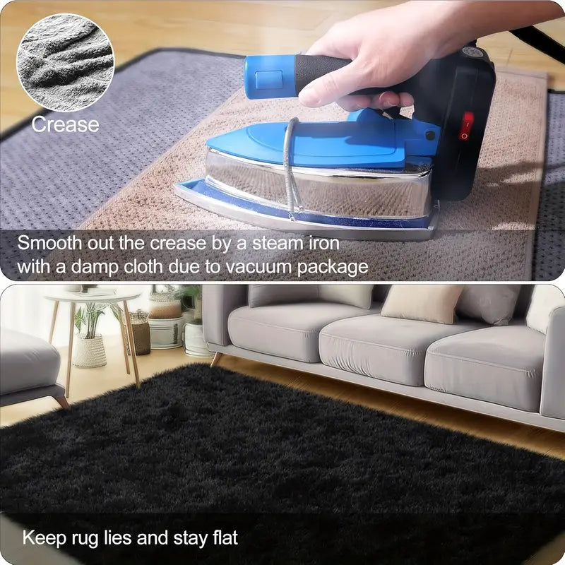 Black Shag Rug, Extra Soft 1.7" Plush Mat, Non-Slip, 100% Polyester for Bedroom or Living Room