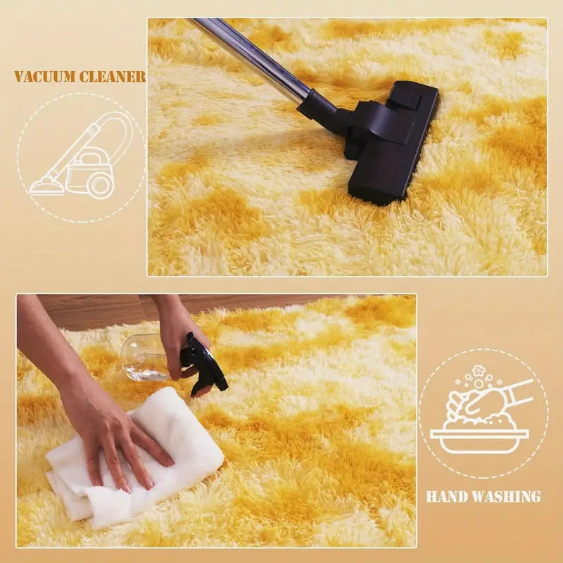 Tie-Dyed Yellow Area Rug with 4 Reusable Stickers, Soft Shaggy Non-Slip Mat for Home Decor