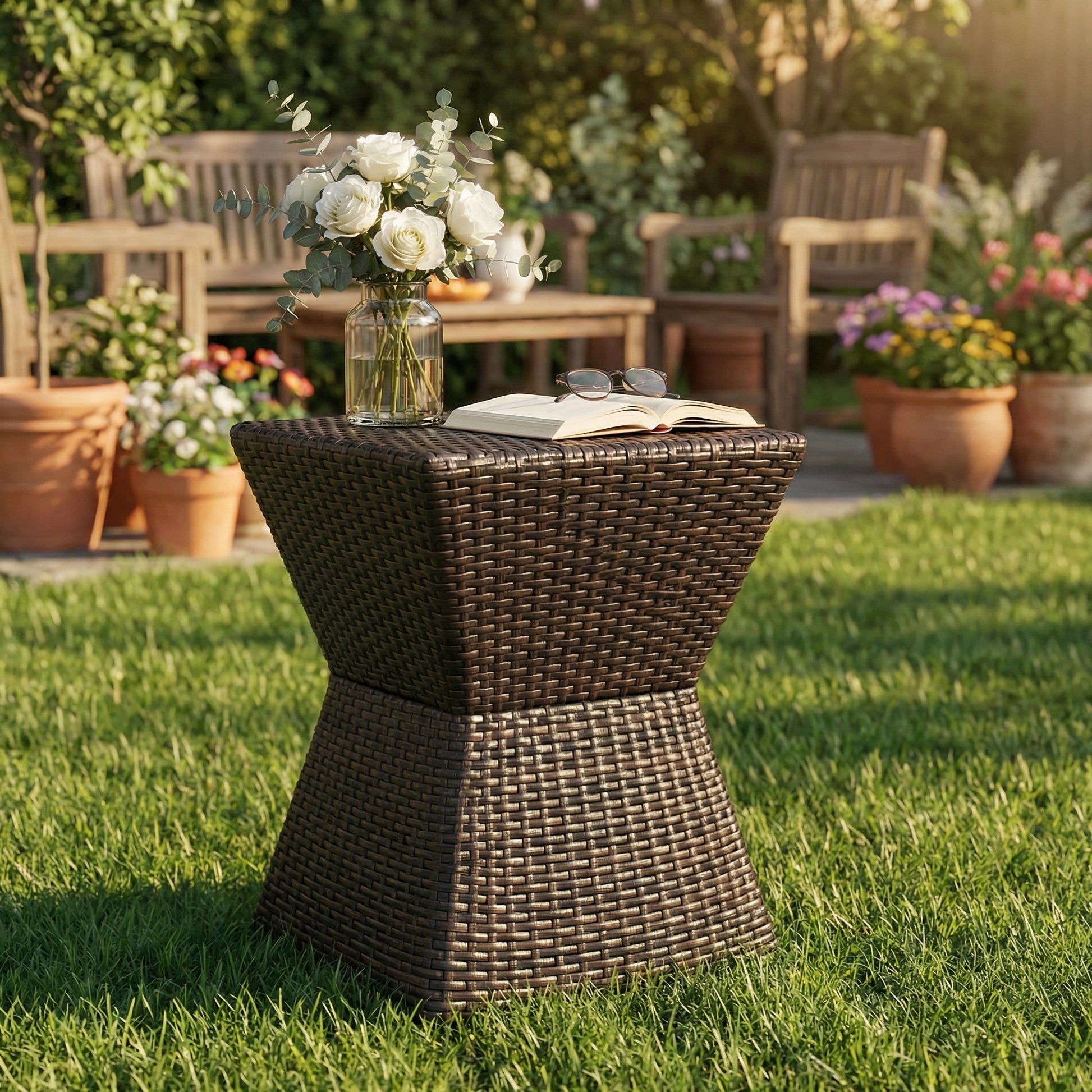 Outdoor Wicker Side Table with Iron Frame, Weather-Resistant, Lightweight, No Assembly Required, 16.25”x16.25”x18”, Perfect for Patio & Home Decor
