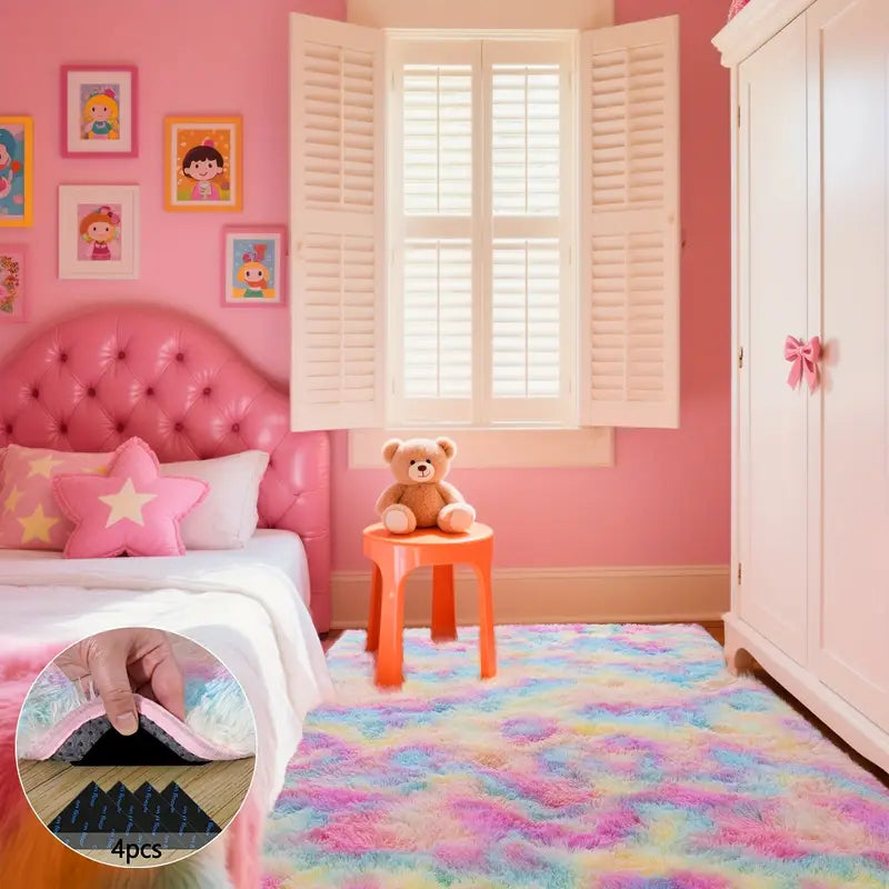 Rainbow Tie-Dye Fluffy Area Rug with Non-Slip Base & 4 Reusable Stickers, Plush Indoor Mat