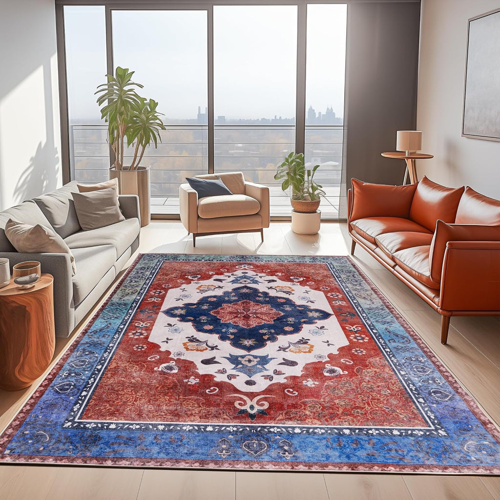 Washable Traditional Area Rug, Thin Foldable Distressed Floral Non-Slip Carpet for Bedroom Living Room Kitchen