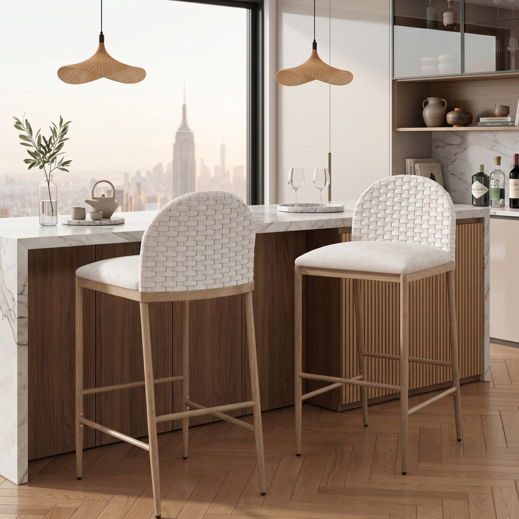 Farmhouse Barstools with Woven Rattan Back & Padded Seat - 29.5" Height (Set of 2)
