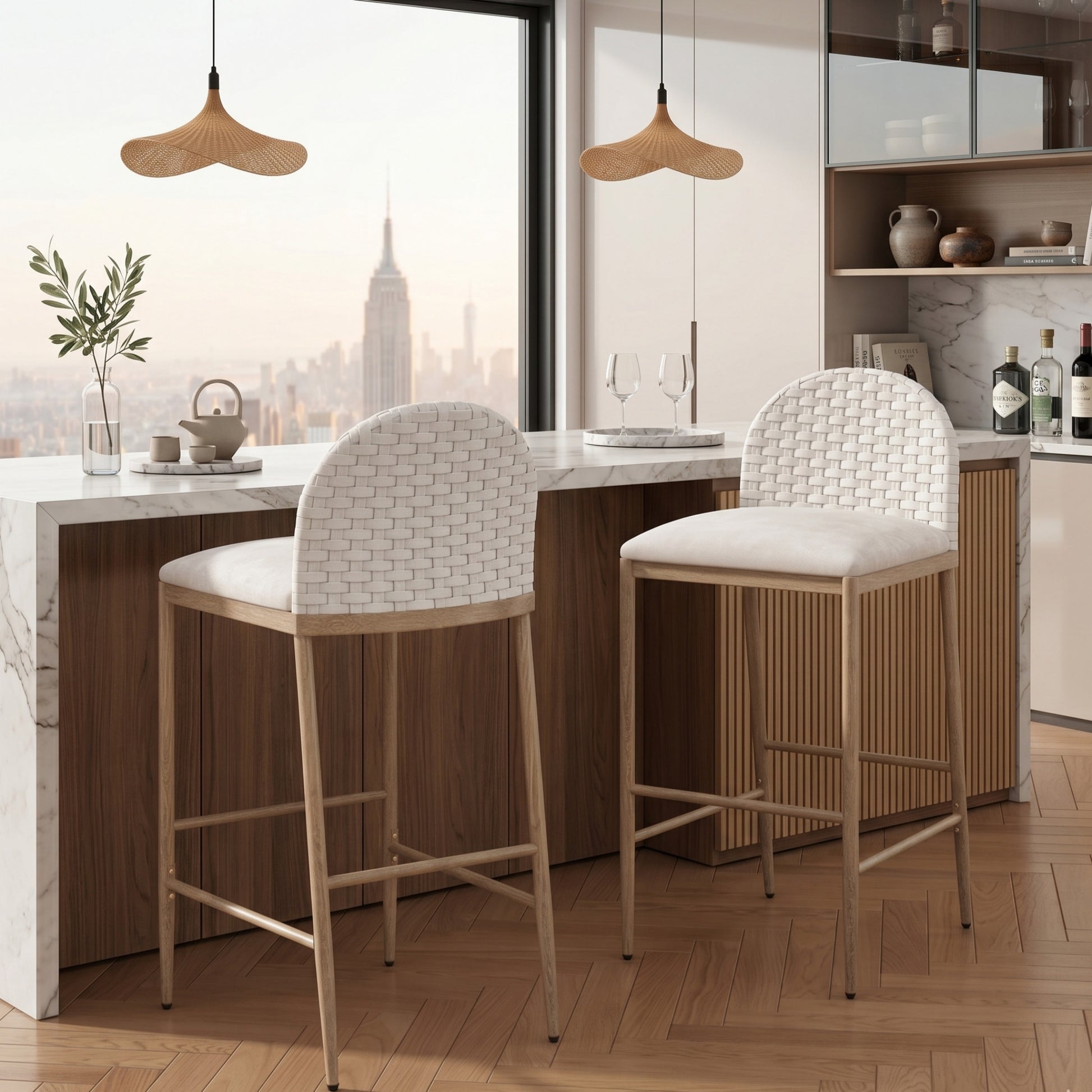 Farmhouse Barstools with Woven Rattan Back & Padded Seat - 29.5" Height (Set of 2)