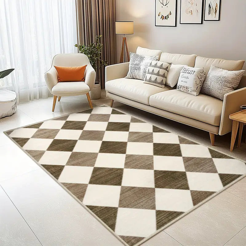 Modern Diamond Grid Beige Area Rug, Low Pile Washable Non-Slip Polyester Mat for Bedroom & Living Room