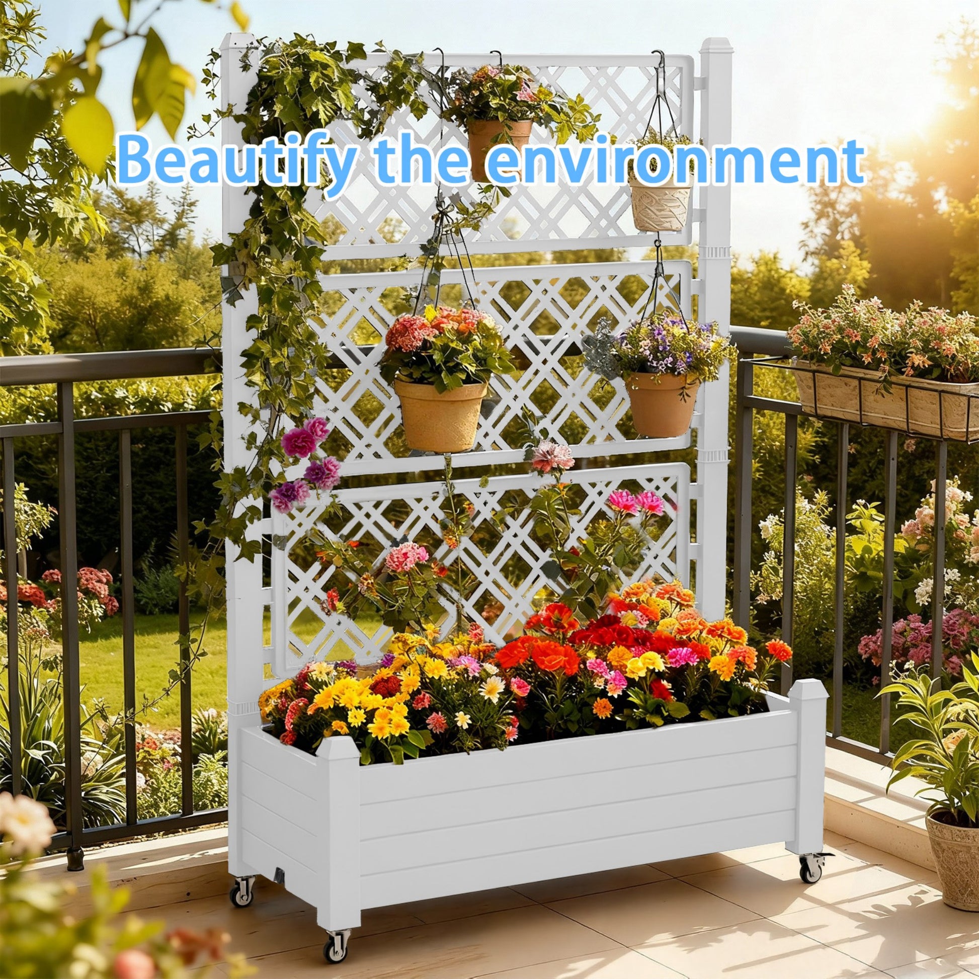 Planter Box with Trellis & Wheels, Large Raised Garden Bed, Outdoor Plastic Planter for Climbing Plants