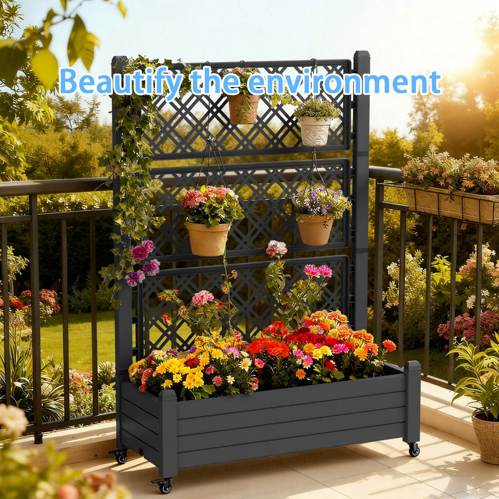 Planter Box with Trellis & Wheels, Large Raised Garden Bed, Outdoor Plastic Planter for Climbing Plants