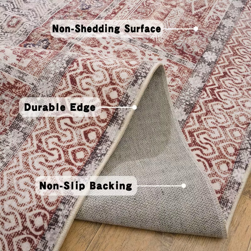 Vintage Floral Washable Area Rug, Non-Slip Low Pile Polyester Carpet for Living Room & Bedroom