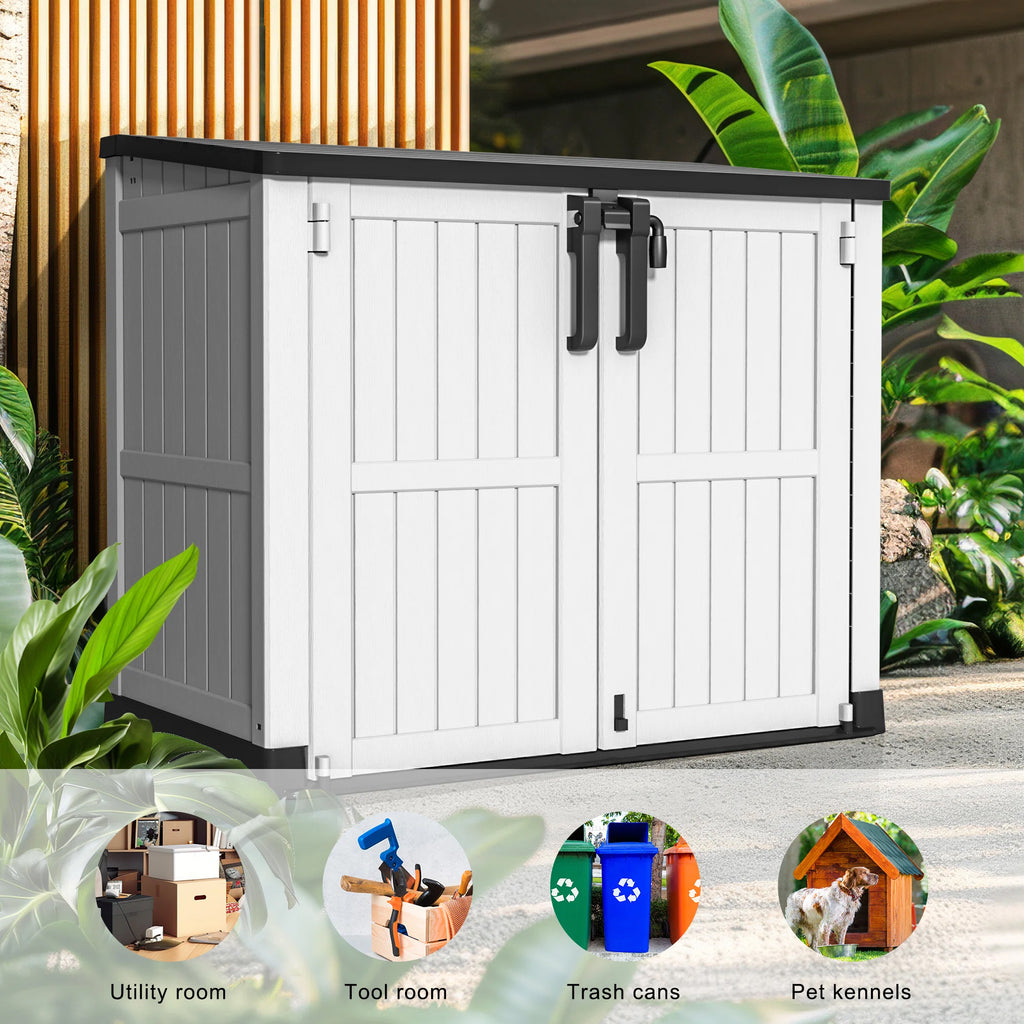 Chic Crate-Resin Tool Shed, 36 Cu Ft Waterproof Outdoor Horizontal Storage, Weather-resistant Utility Shed With Air Vent For Trash And Lockable Doors, Garden Tools （black And White）