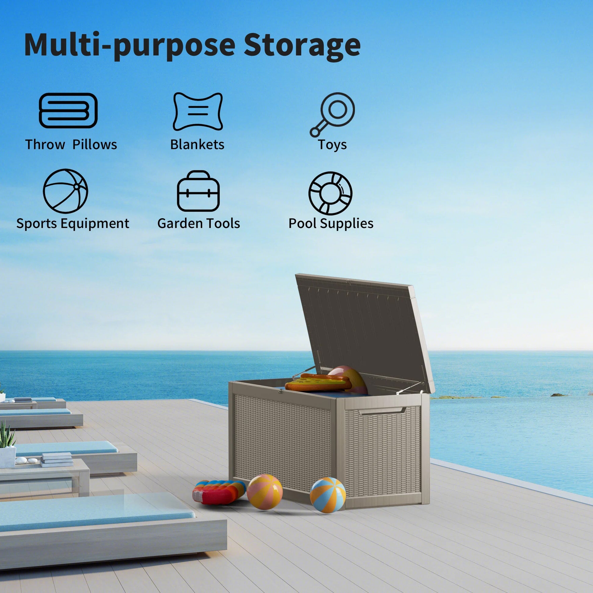260 Gallon Resin Deck Box, Water-Resistant Lockable Outdoor Storage Box for Patio Organization