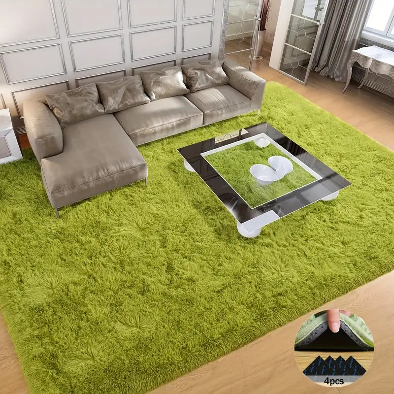 Grass Green Fluffy Shag Area Rug with Non-Slip Base & 4 Reusable Stickers, Soft Plush Mat