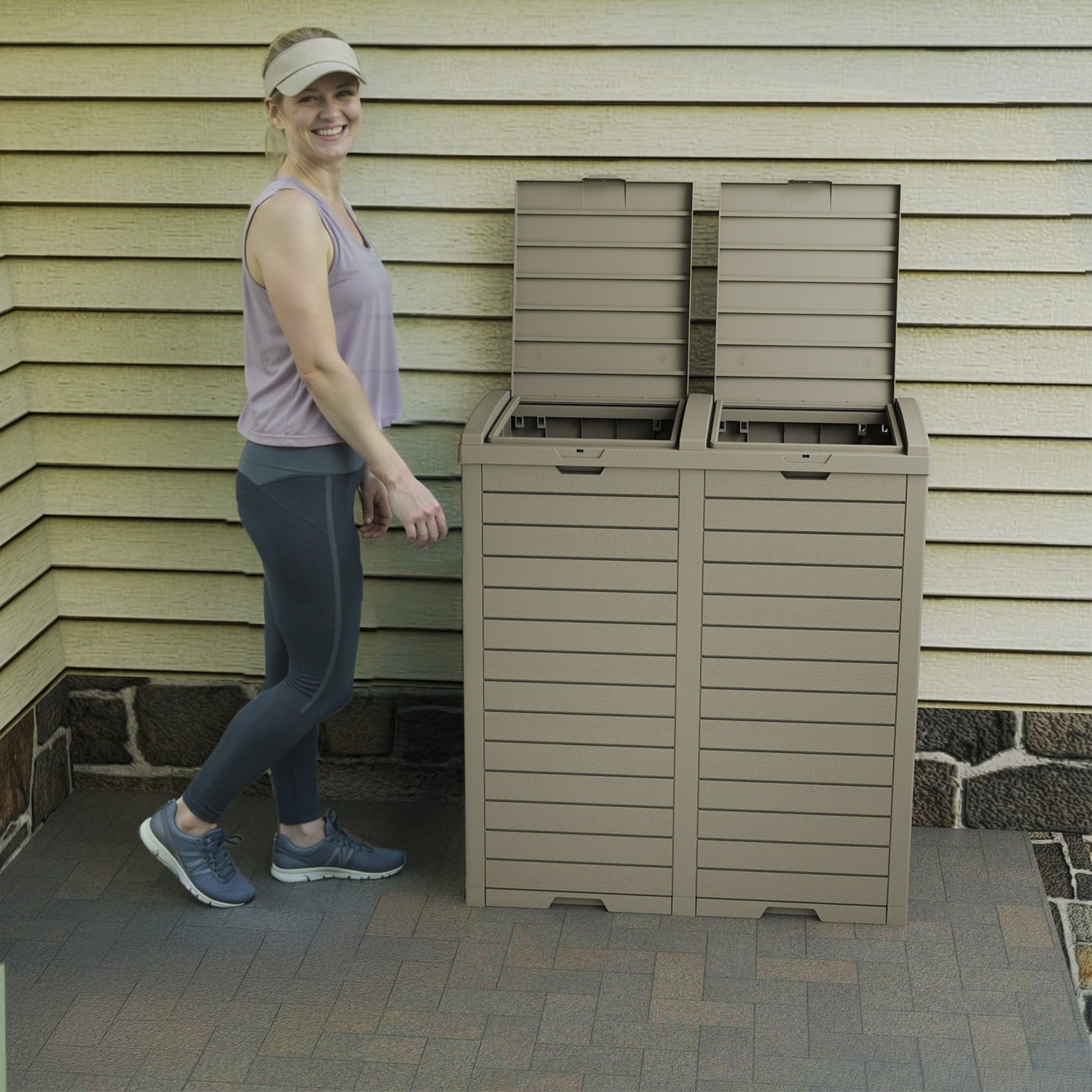 62 Gallon Outdoor Trash Bin, Resin Manual Lift Garbage & Recycling Storage Deck Box with Double-Bucket