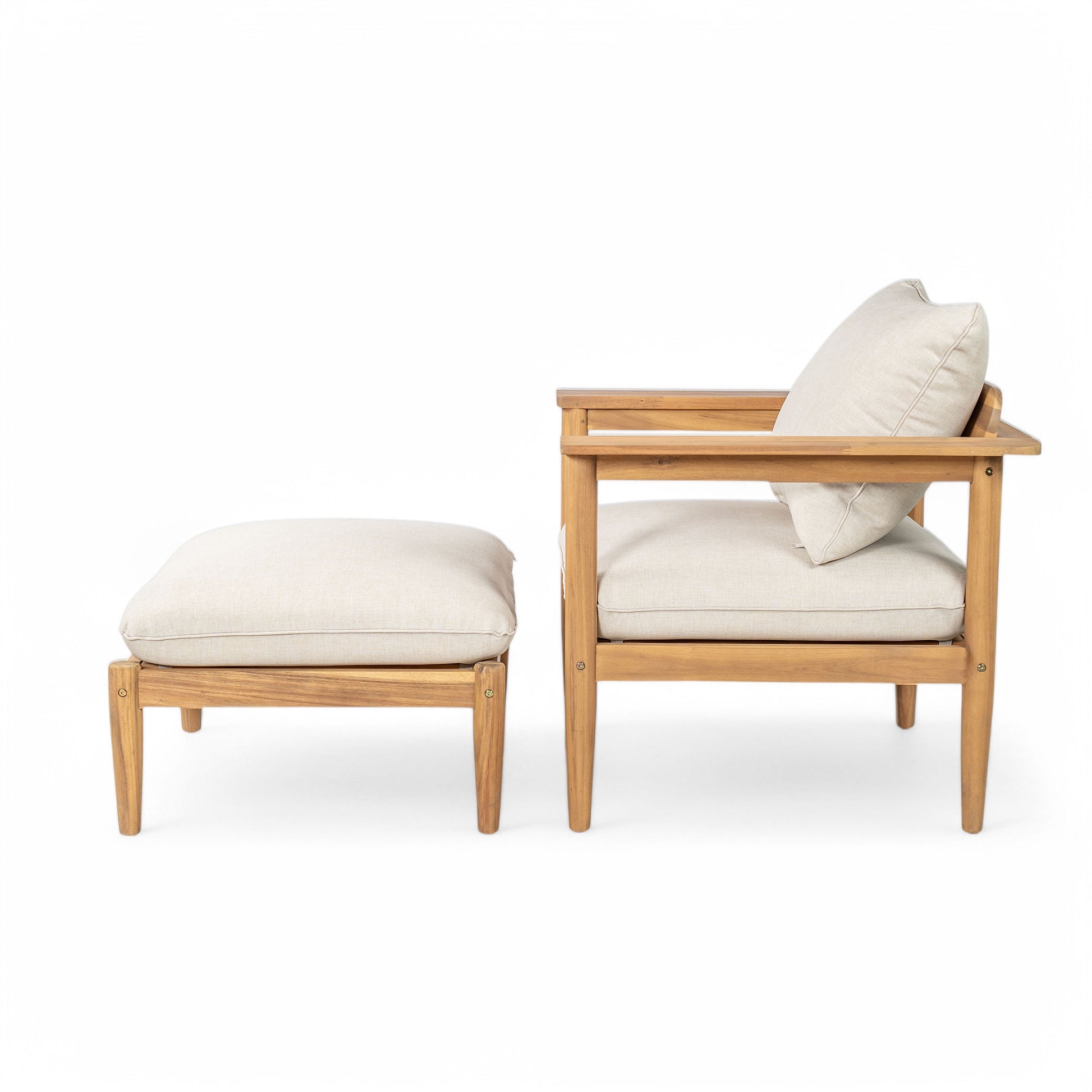 Modern Acacia Wood Outdoor Lounge Chair with Ottoman - Cushioned Patio Seating