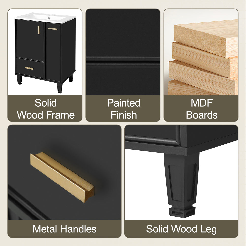 Chic Crate-24" Modern Bathroom Vanity – Sink & Deep Drawer | 2-Tier Pull-Out Basket | Solid Wood Frame | Black