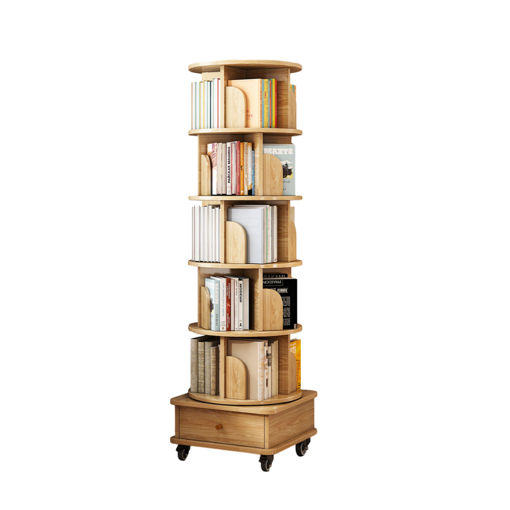 Chic Crate-6-Tier Rotating Bookshelf – 360° Display | Wheels+Drawer | Space-Saver | Bedroom/Living Room/Office | Wood
