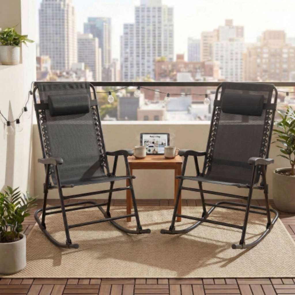 Patio Set of 2 Folding Leisure Rocking Chair Set Black