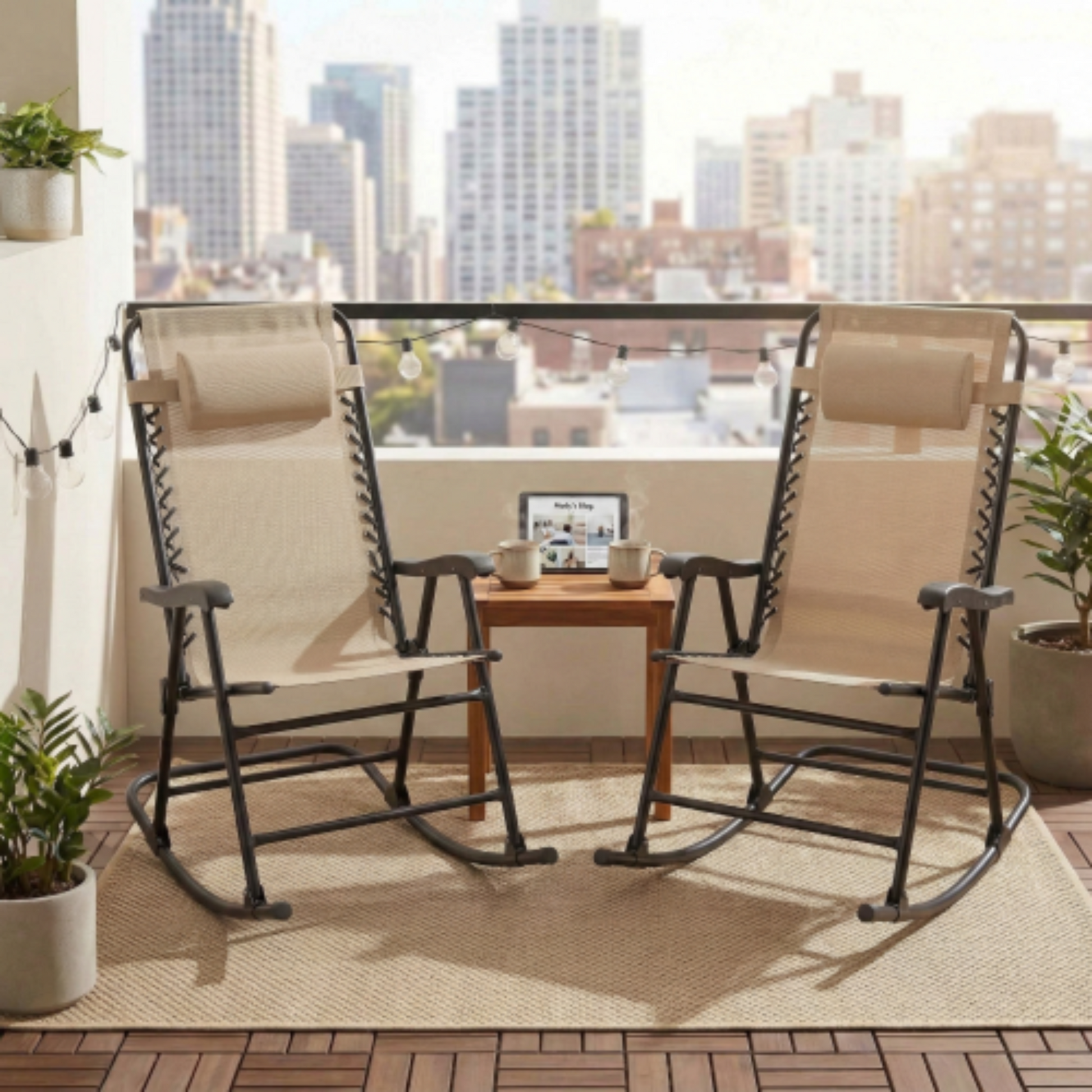 Patio Set of 2 Folding Leisure Rocking Chair Set Black