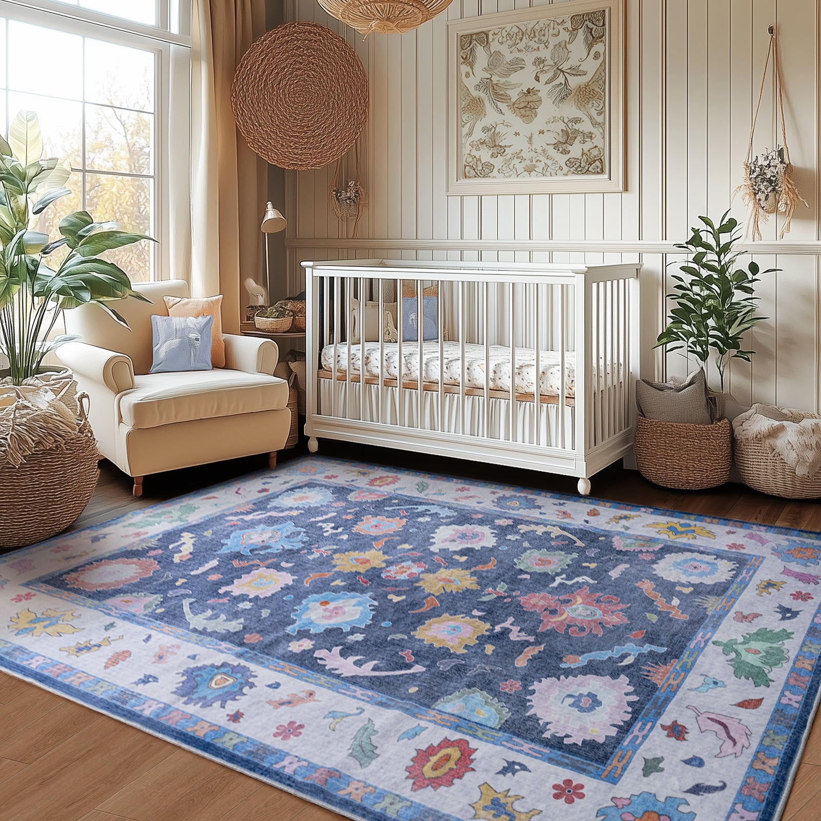 Modern Oushak Area Rug for Bedroom, Soft Washable Non-Slip Carpet, Low Pile Area Rugs for Living Room Dorm Nursery