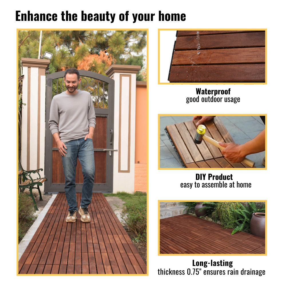 Chic Crate 10Pack 12in Striped Deck Tiles – Interlocking Brown Acacia Hardwood Flooring