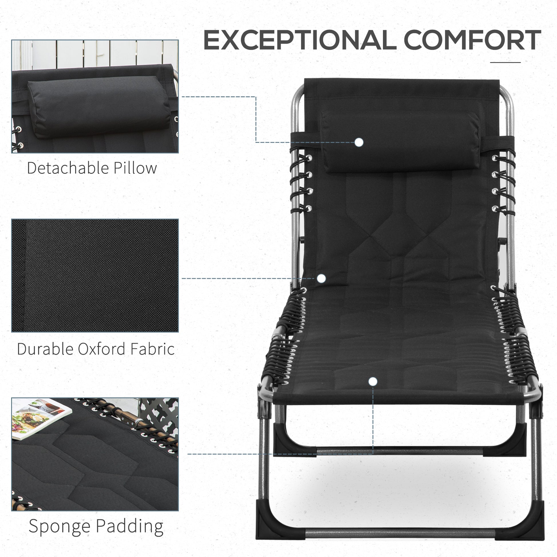 Outsunny Padded Folding Chaise Lounge Chair, Outdoor 6-Level Reclining Camping Tanning Chair with Headrest for Beach, Yard, Patio, Pool, Black