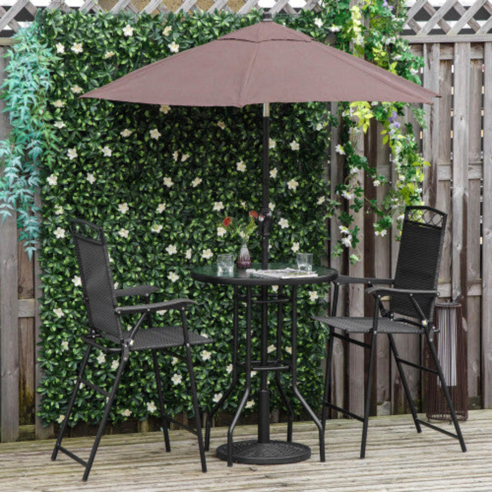 4-Piece Outdoor Patio Dining Set with Wave-Textured Tempered Glass Table, 2 Folding Chairs & Adjustable Angle Umbrella for Patio Garden - Black