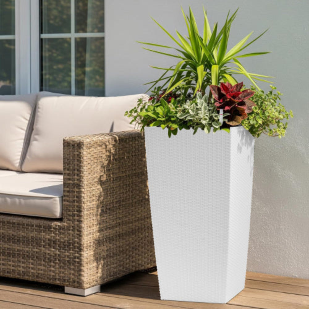 30 Inch Tall Large Flower Planter Pot with Self-Watering, Drainage Holes, Inner Tray & Water Level Monitor, for Garden Patio Porch Backyard White