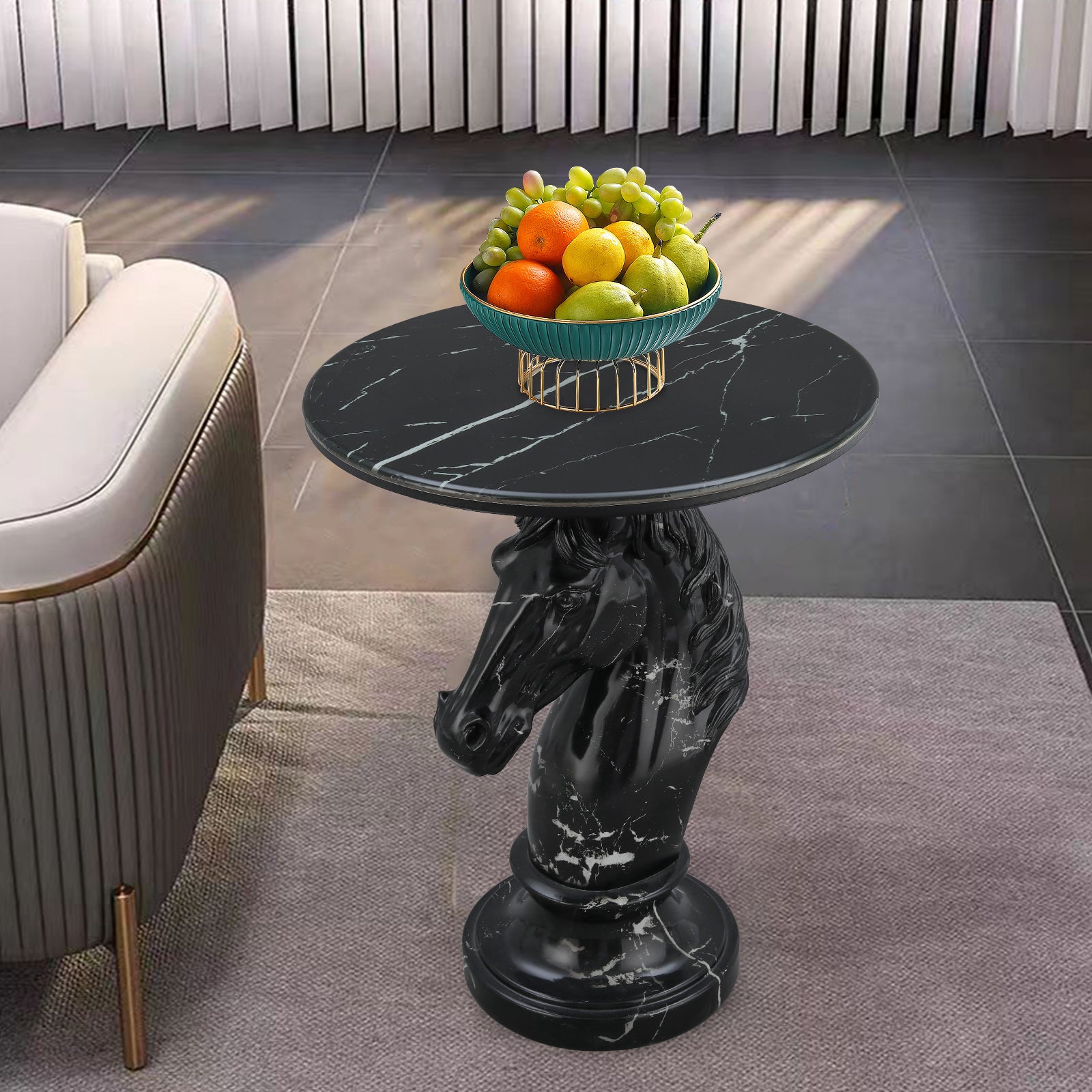 Black Horse Head Accent Table, Animal Statue End Table for Living Room
