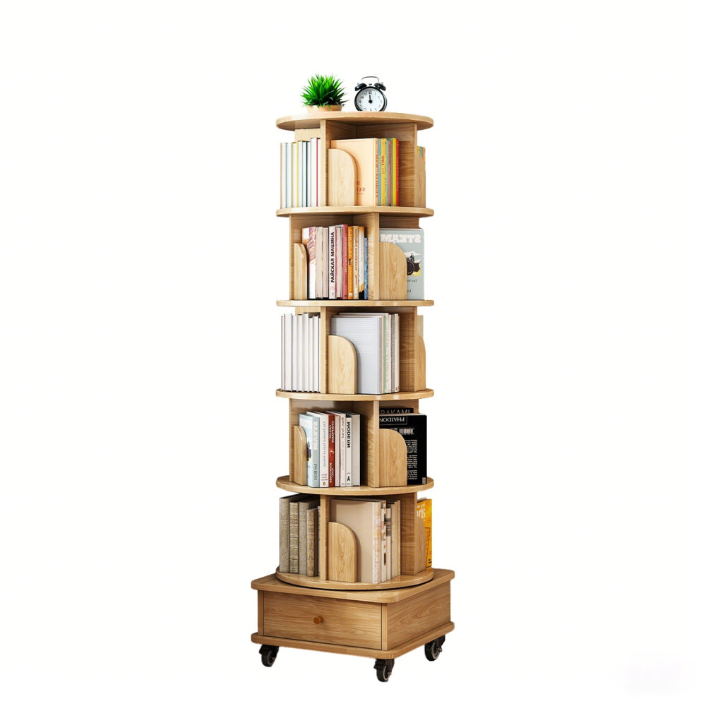 Chic Crate-6-Tier Rotating Bookshelf – 360° Display | Wheels+Drawer | Space-Saver | Bedroom/Living Room/Office | Wood