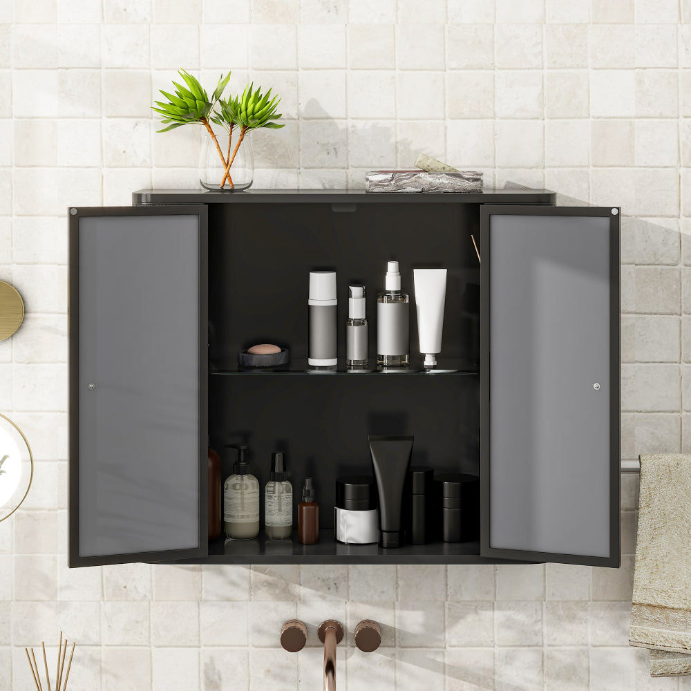 Chic Crate Black Wall-Mounted Vanity – 2 Mirrored Doors & Open Shelf | Farmhouse Metal Frame | Over-the-Sink