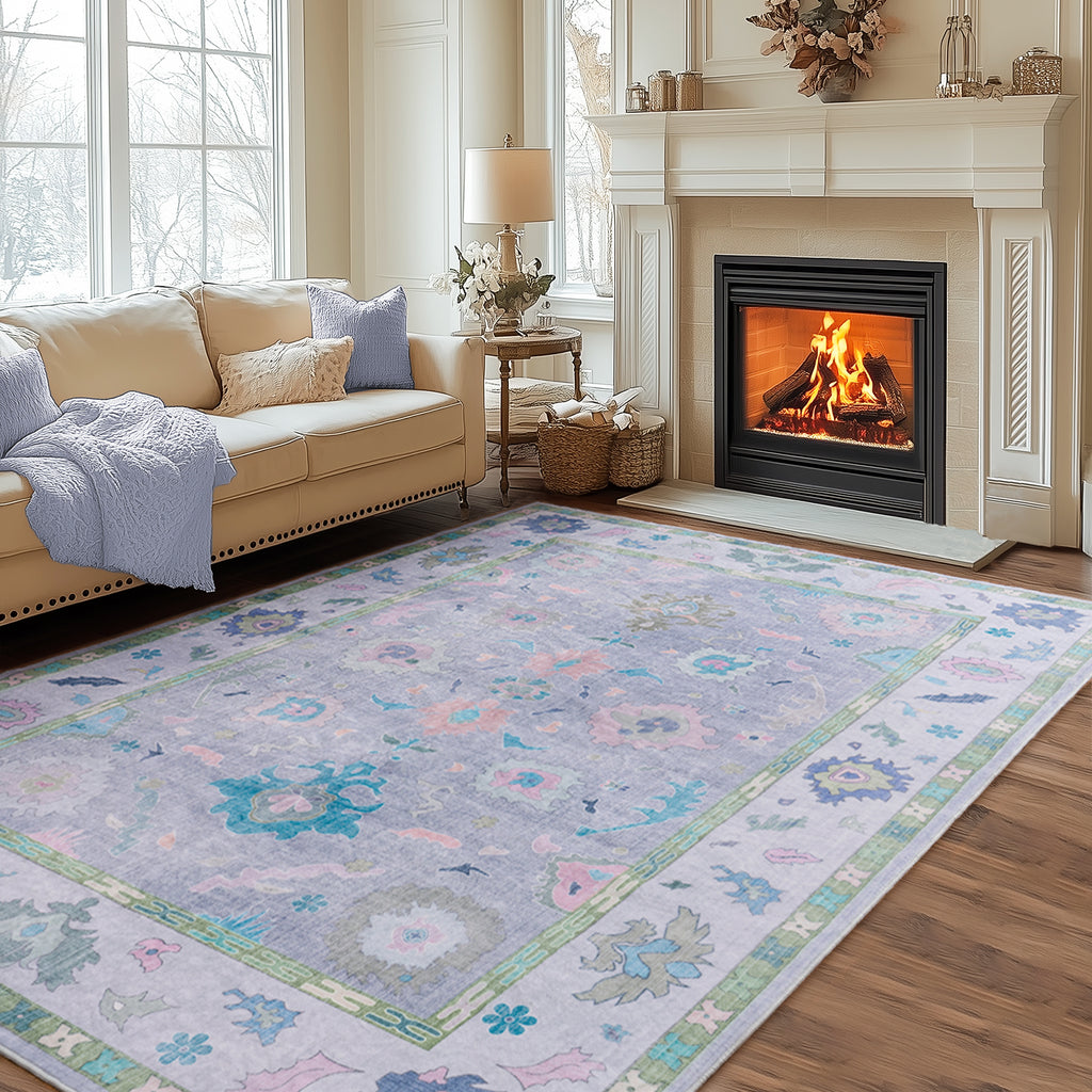 Modern Oushak Area Rug for Bedroom, Soft Washable Non-Slip Carpet, Low Pile Area Rugs for Living Room Dorm Nursery