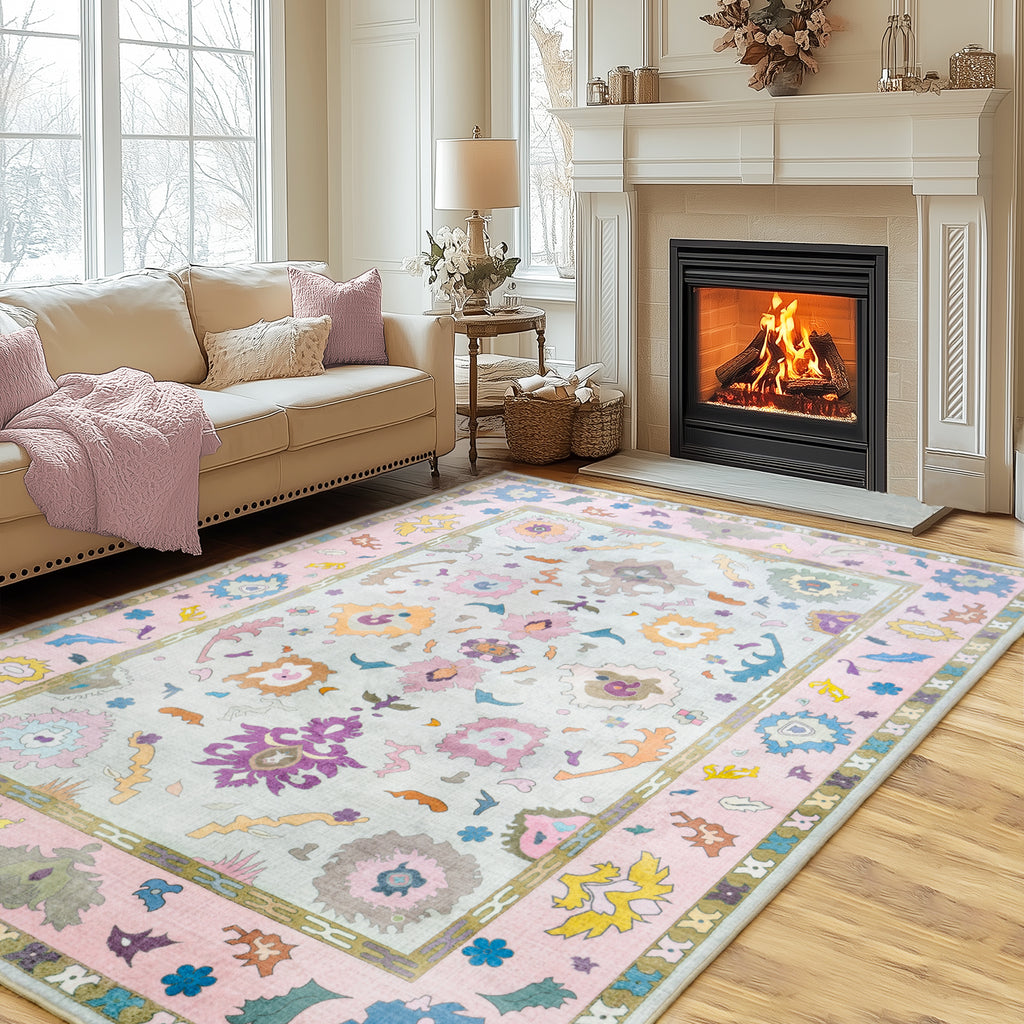 Modern Oushak Area Rug for Bedroom, Soft Washable Non-Slip Carpet, Low Pile Area Rugs for Living Room Dorm Nursery
