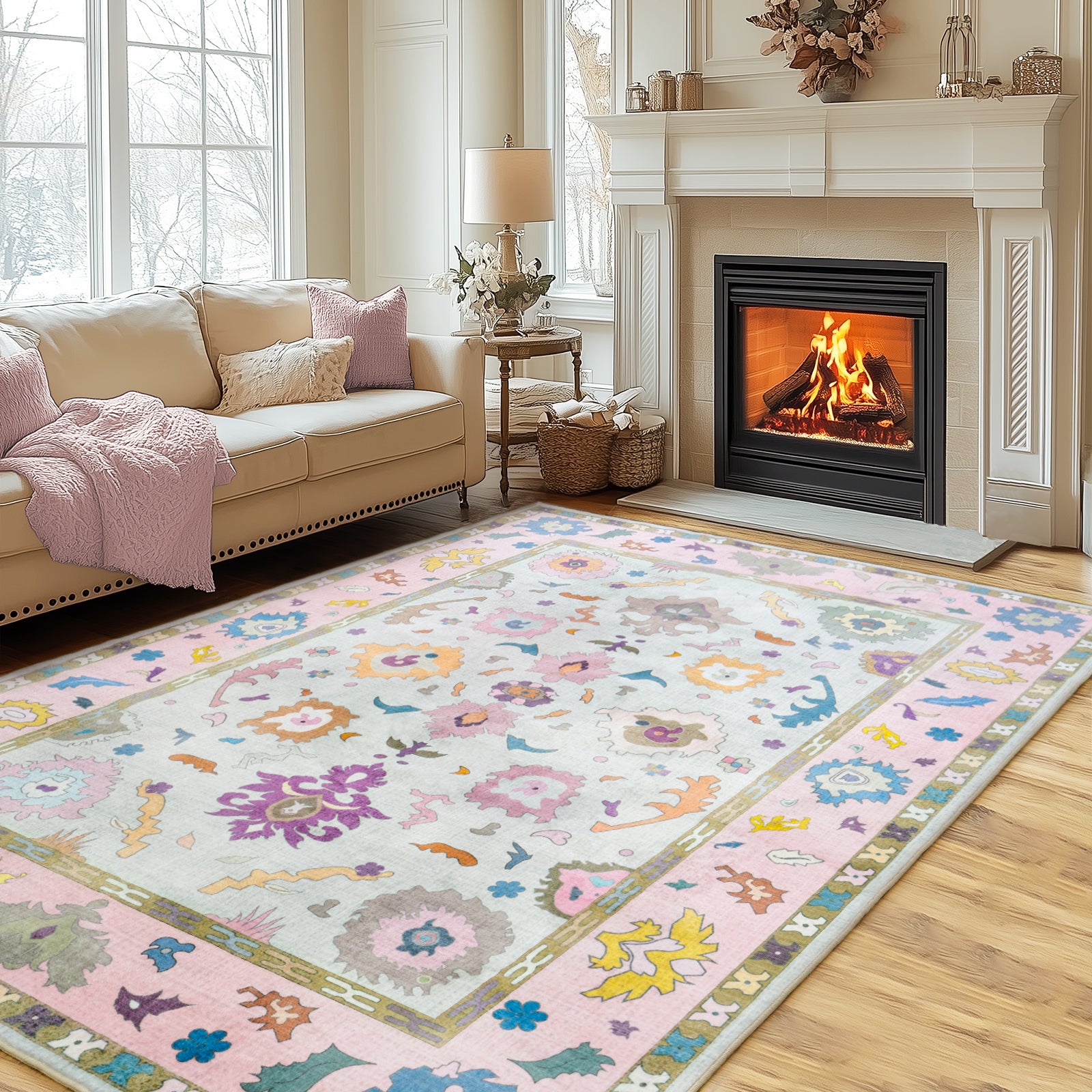 Modern Oushak Area Rug for Bedroom, Soft Washable Non-Slip Carpet, Low Pile Area Rugs for Living Room Dorm Nursery