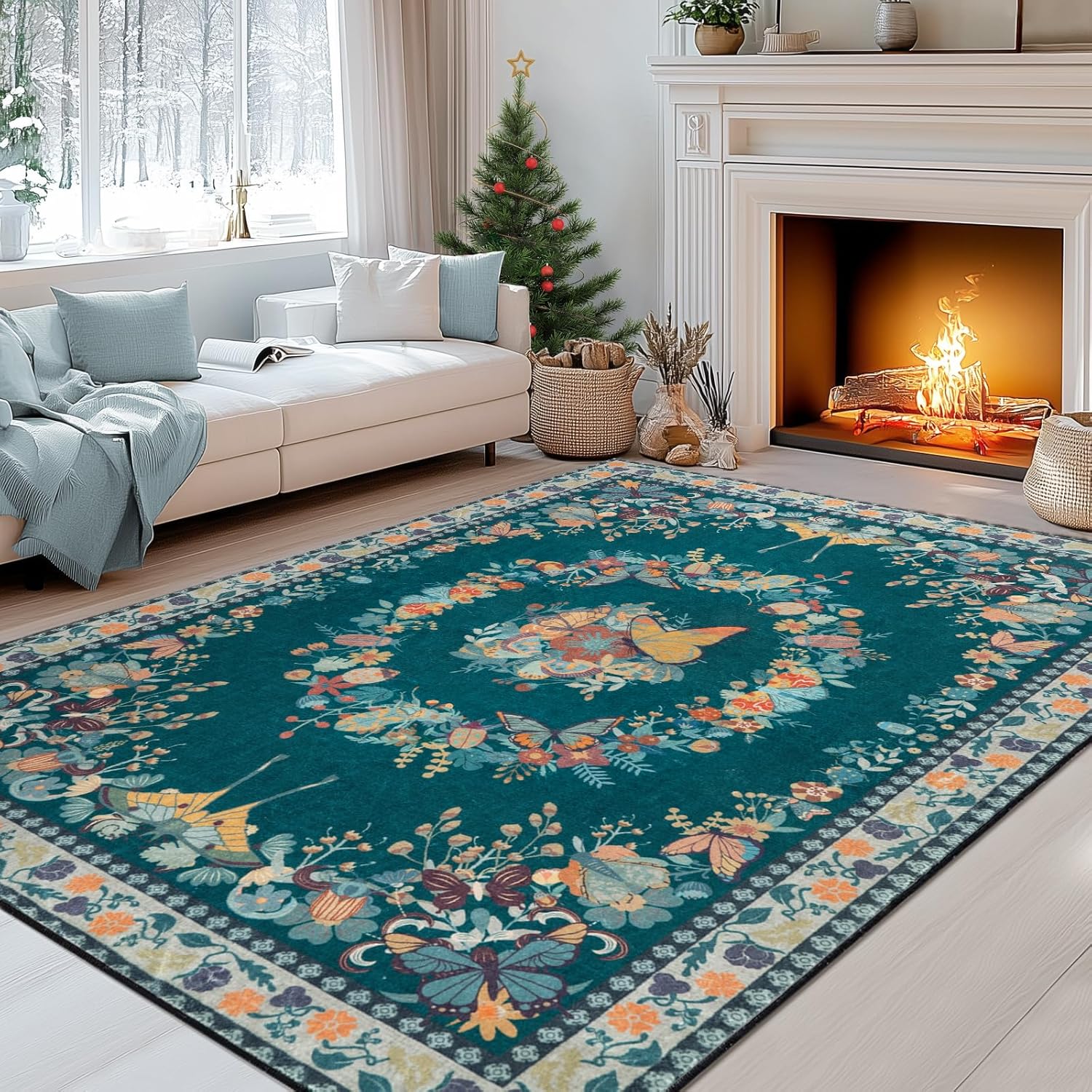 Large Beige Butterfly Floral Area Rug, Ultra-Thin Non-Slip Washable Mat for Living Room & Bedroom