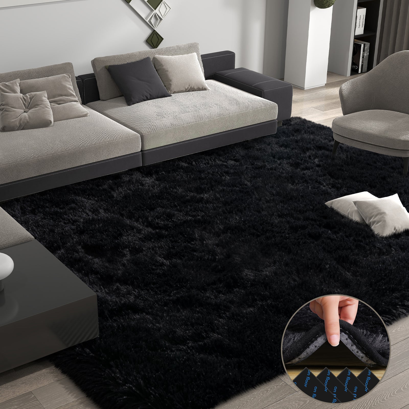 Black Shag Rug, Extra Soft 1.7" Plush Mat, Non-Slip, 100% Polyester for Bedroom or Living Room