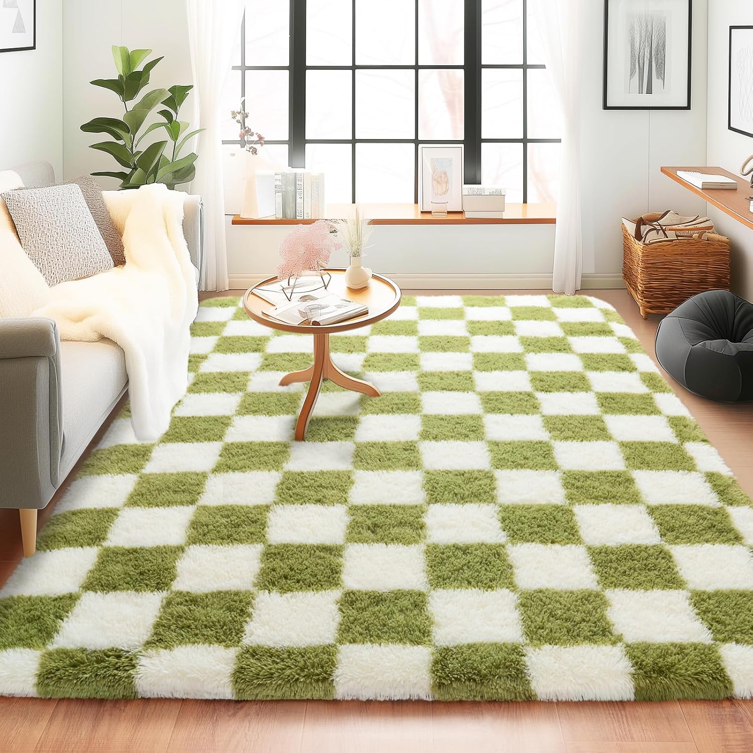 5x7 Feet Checkered Area Rugs For Living Room, Black Modern Super Soft Fluffy Rugs for Bedroom Home Aesthetic Decor