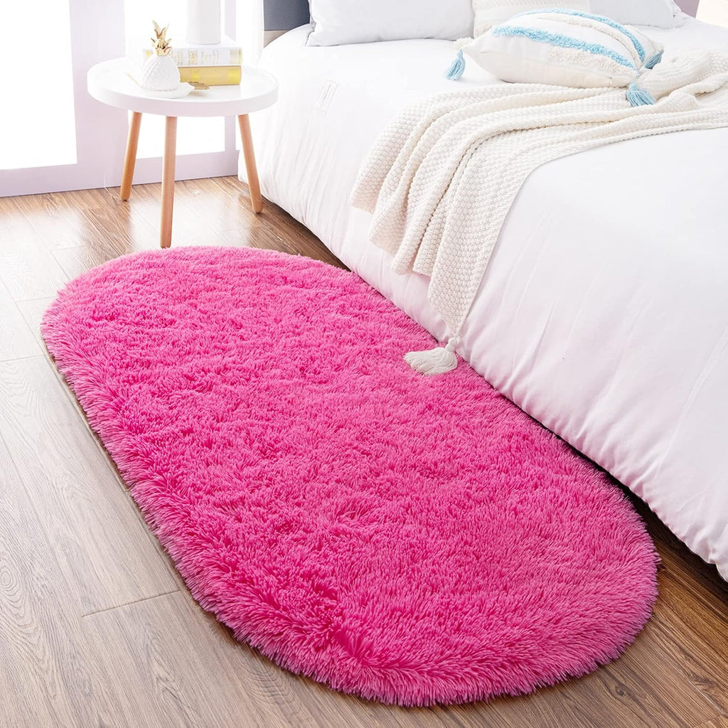 Fluffy Oval Area Rug 2.6 x 5.3 Ft, Soft Fuzzy Shag Carpet for Bedroom Bedside, Non-Slip Plush Shaggy Rug