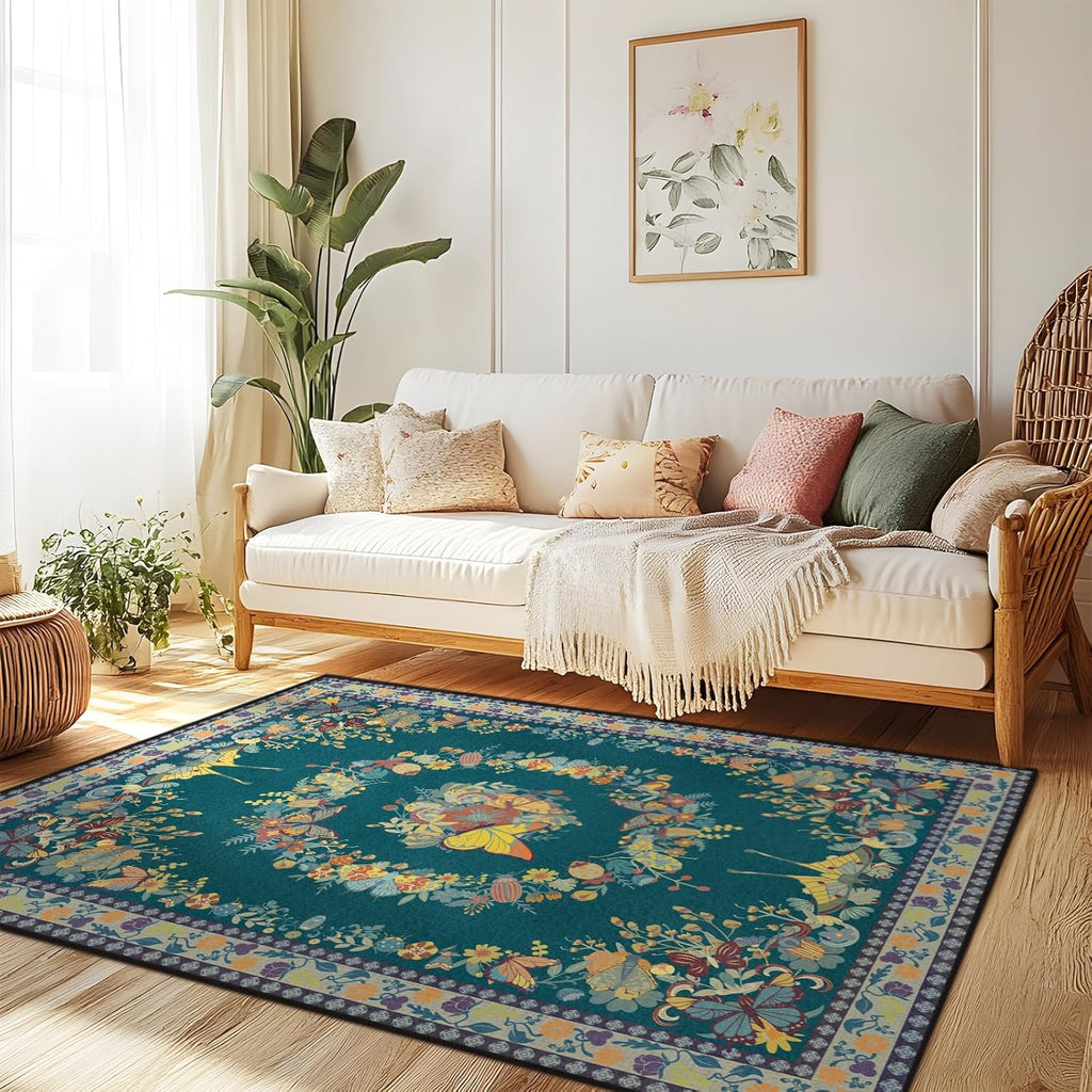Large Beige Butterfly Floral Area Rug, Ultra-Thin Non-Slip Washable Mat for Living Room & Bedroom