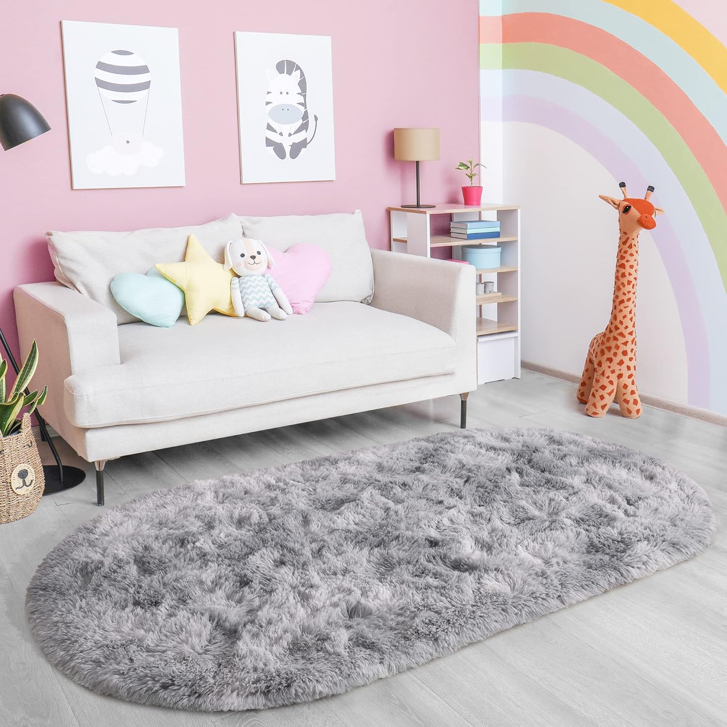 Fluffy Oval Area Rug 2.6 x 5.3 Ft, Soft Fuzzy Shag Carpet for Bedroom Bedside, Non-Slip Plush Shaggy Rug