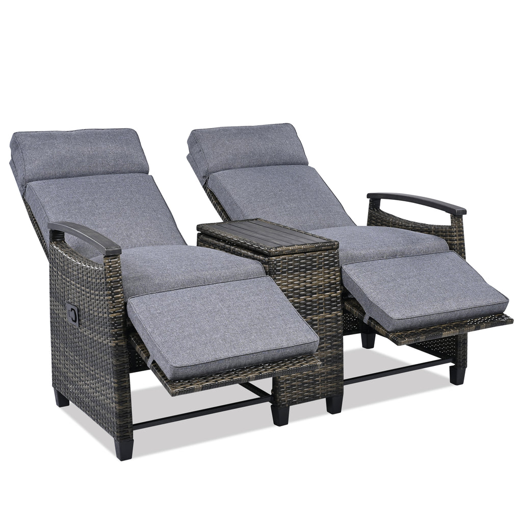 Patio Recliner Loveseat Chair, Adjustable Backrest Wicker Outdoor Lounge Chair Set with Acacia Wood Armrests and Built-in Storage Table for Balcony, Porch, Lawn, Gray