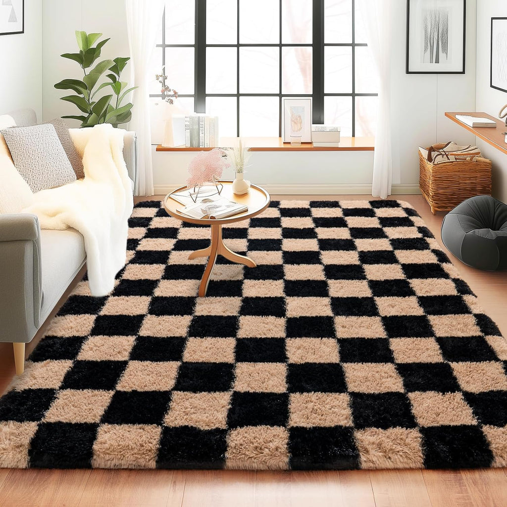 5x7 Feet Checkered Area Rugs For Living Room, Black Modern Super Soft Fluffy Rugs for Bedroom Home Aesthetic Decor