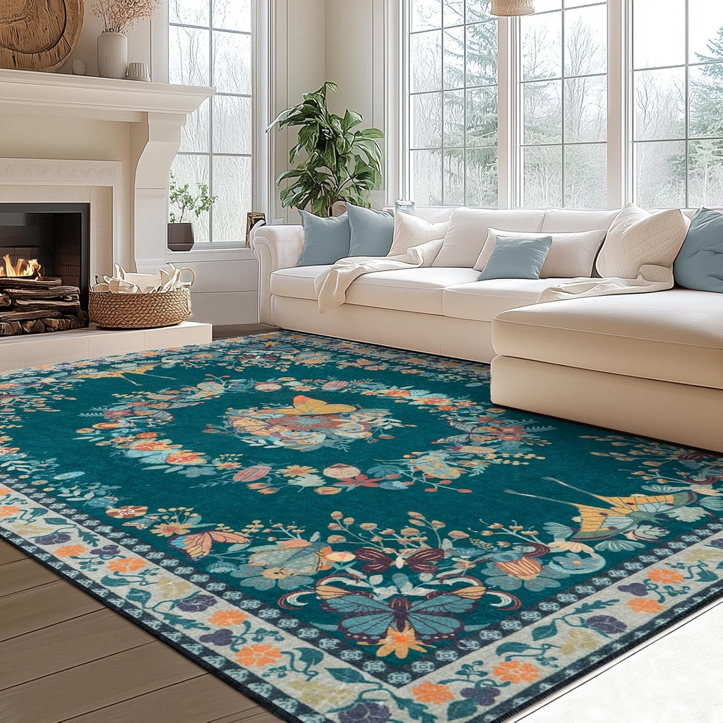 Large Beige Butterfly Floral Area Rug, Ultra-Thin Non-Slip Washable Mat for Living Room & Bedroom
