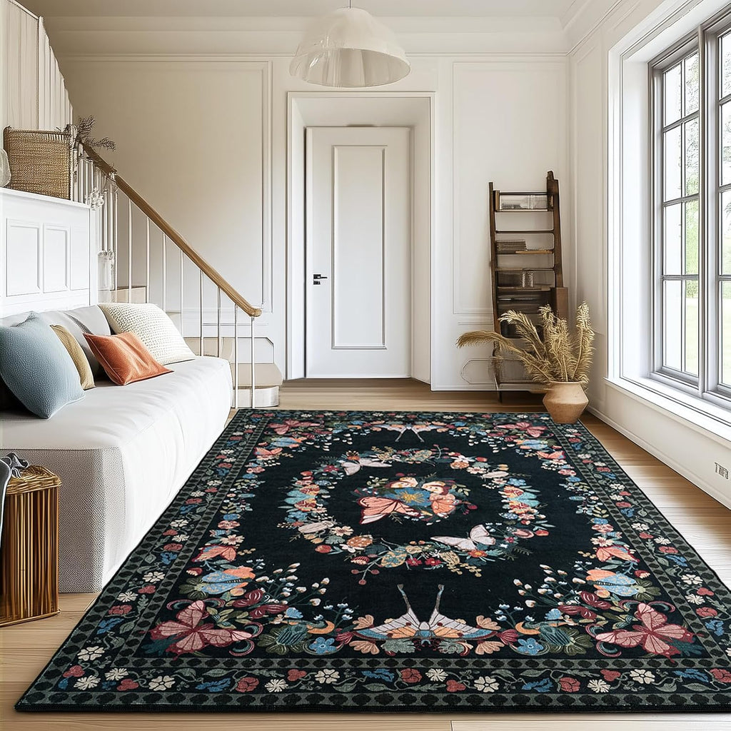 Large Beige Butterfly Floral Area Rug, Ultra-Thin Non-Slip Washable Mat for Living Room & Bedroom