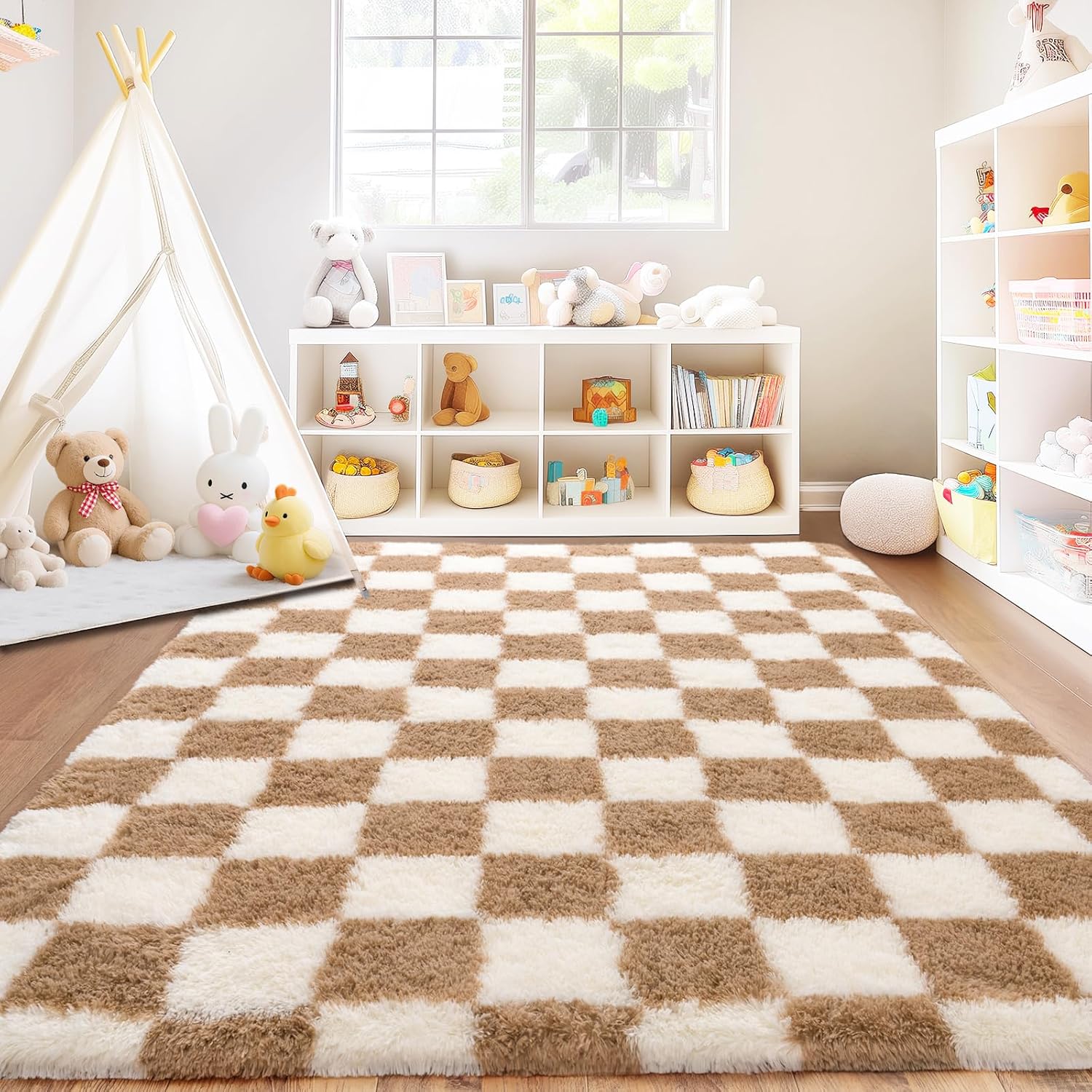 5x7 Feet Checkered Area Rugs For Living Room, Black Modern Super Soft Fluffy Rugs for Bedroom Home Aesthetic Decor