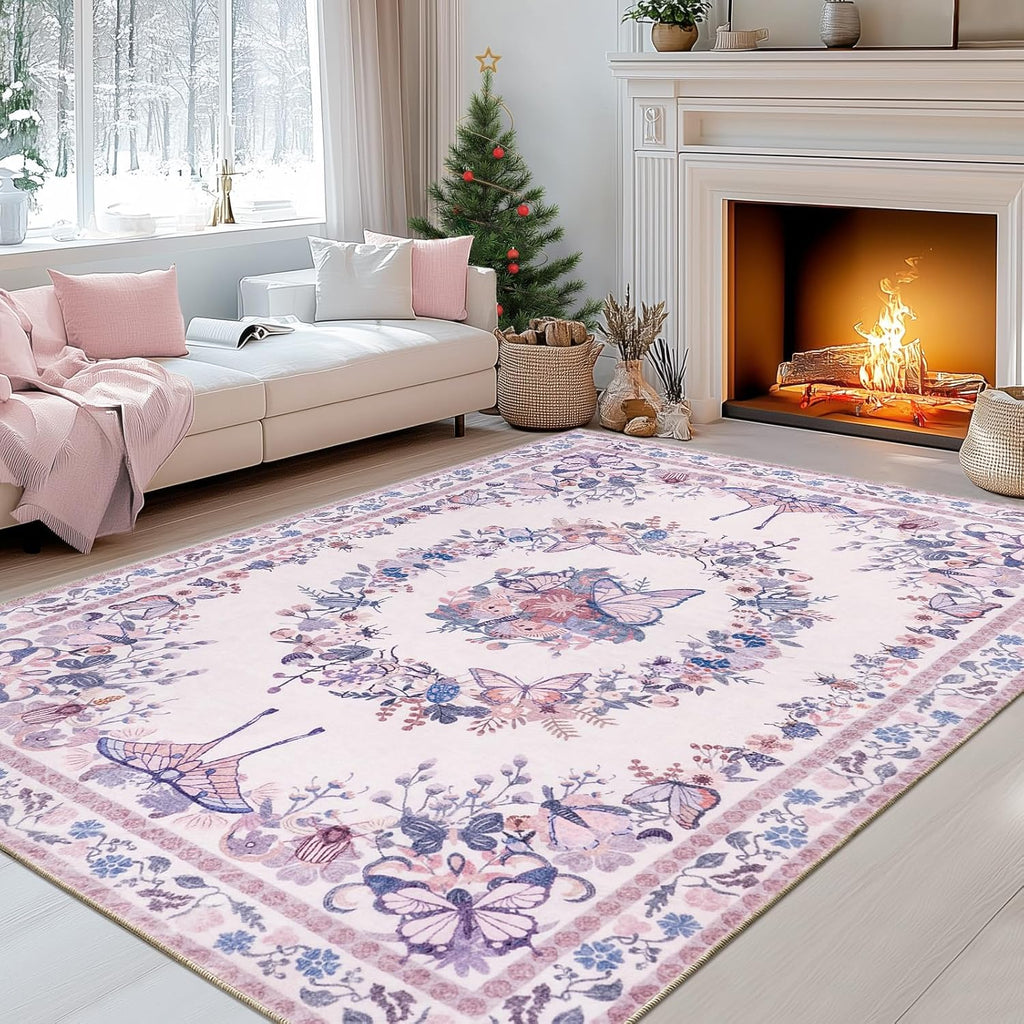 Large Beige Butterfly Floral Area Rug, Ultra-Thin Non-Slip Washable Mat for Living Room & Bedroom