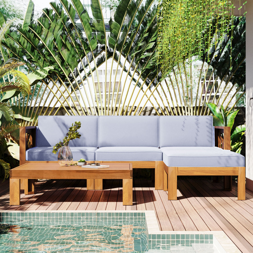 Chic Crate-5-Piece Wood Outdoor Patio Sectional Sofa Set with Water-Resistant Gray Cushions for Backyard, Porch, Deck - Natural Finish