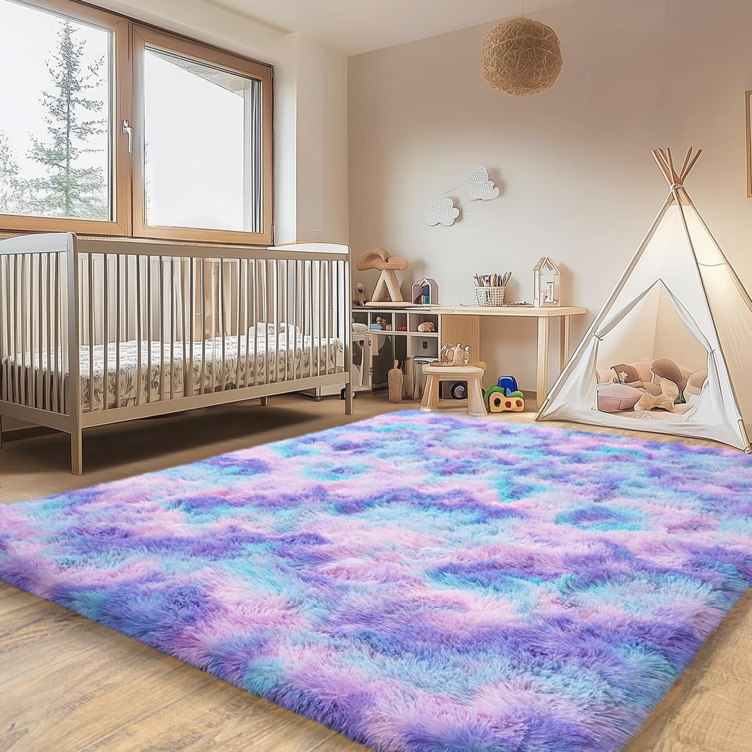 5x7ft Soft Fluffy Rainbow Area Rug, Non-Slip Shag Carpet for Living Room Bedroom, Plush Rug for Home Dorm Decor