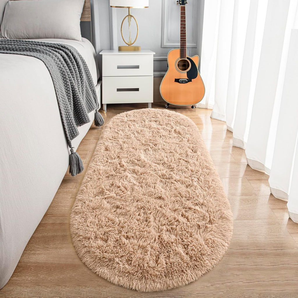 Fluffy Oval Area Rug 2.6 x 5.3 Ft, Soft Fuzzy Shag Carpet for Bedroom Bedside, Non-Slip Plush Shaggy Rug