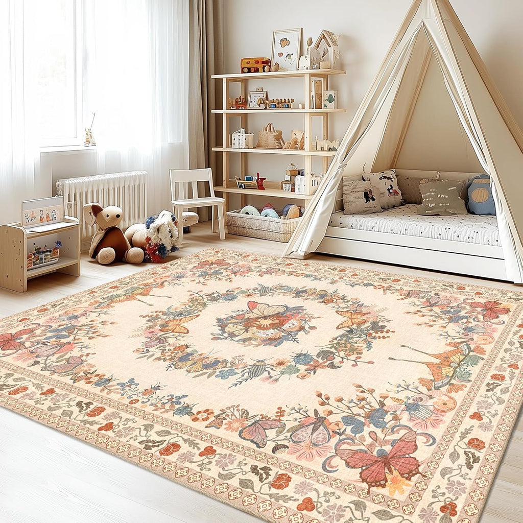 Large Beige Butterfly Floral Area Rug, Ultra-Thin Non-Slip Washable Mat for Living Room & Bedroom