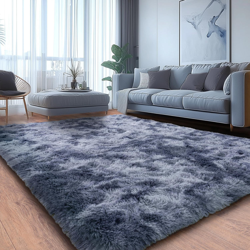 Extra Large Plush Shag Area Rug, 1.7" Thick Ultra Soft Non-Slip Tie-Dye Peacock Blue Mat