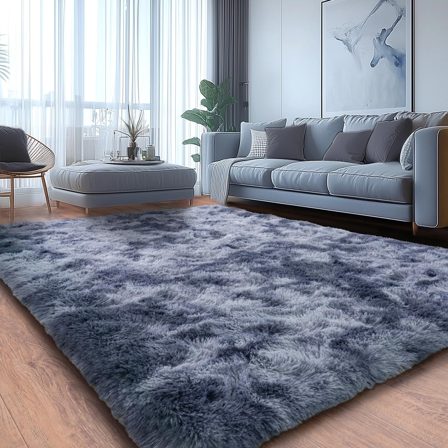 Extra Large Plush Shag Area Rug, 1.7" Thick Ultra Soft Non-Slip Tie-Dye Peacock Blue Mat